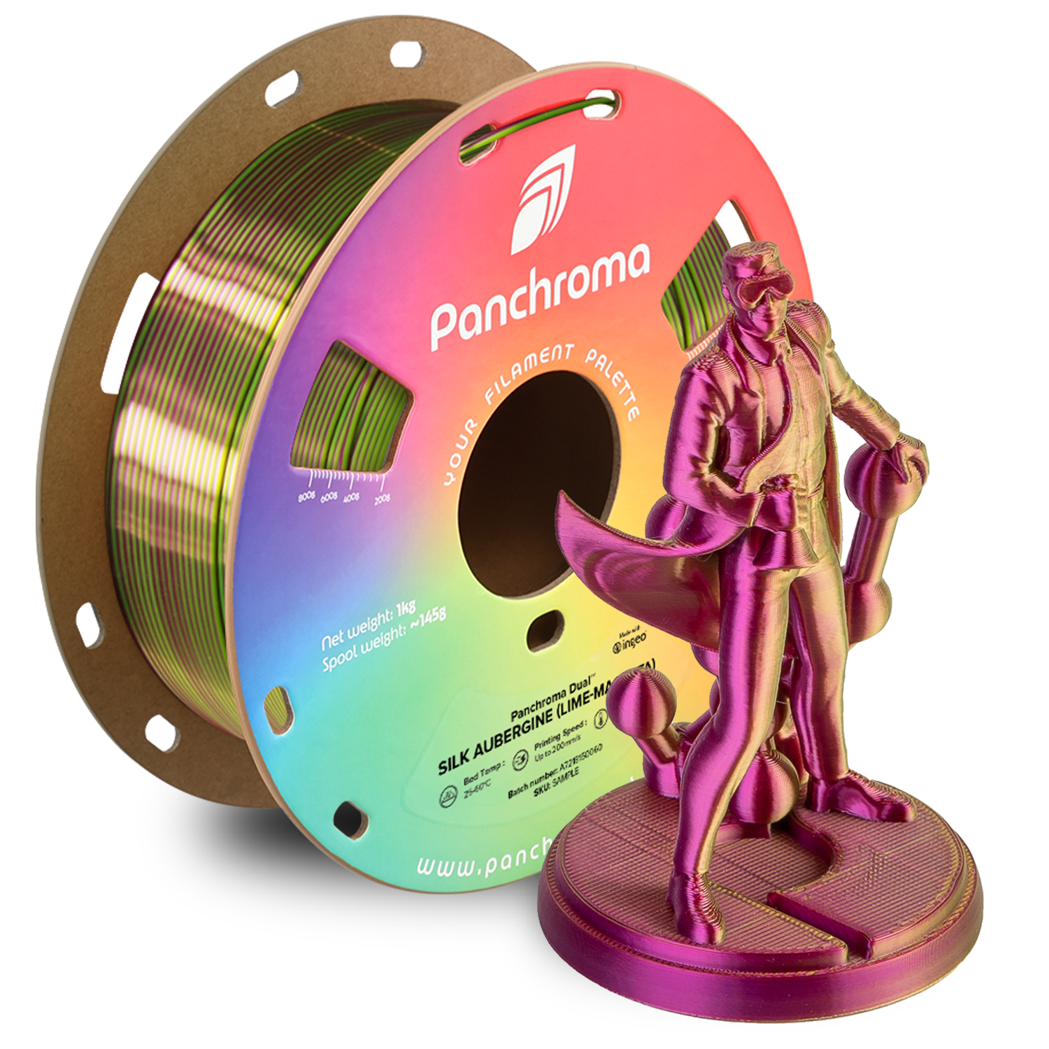 Filamento PLA Dual Silk Panchroma color Aubergine (lima-magenta)