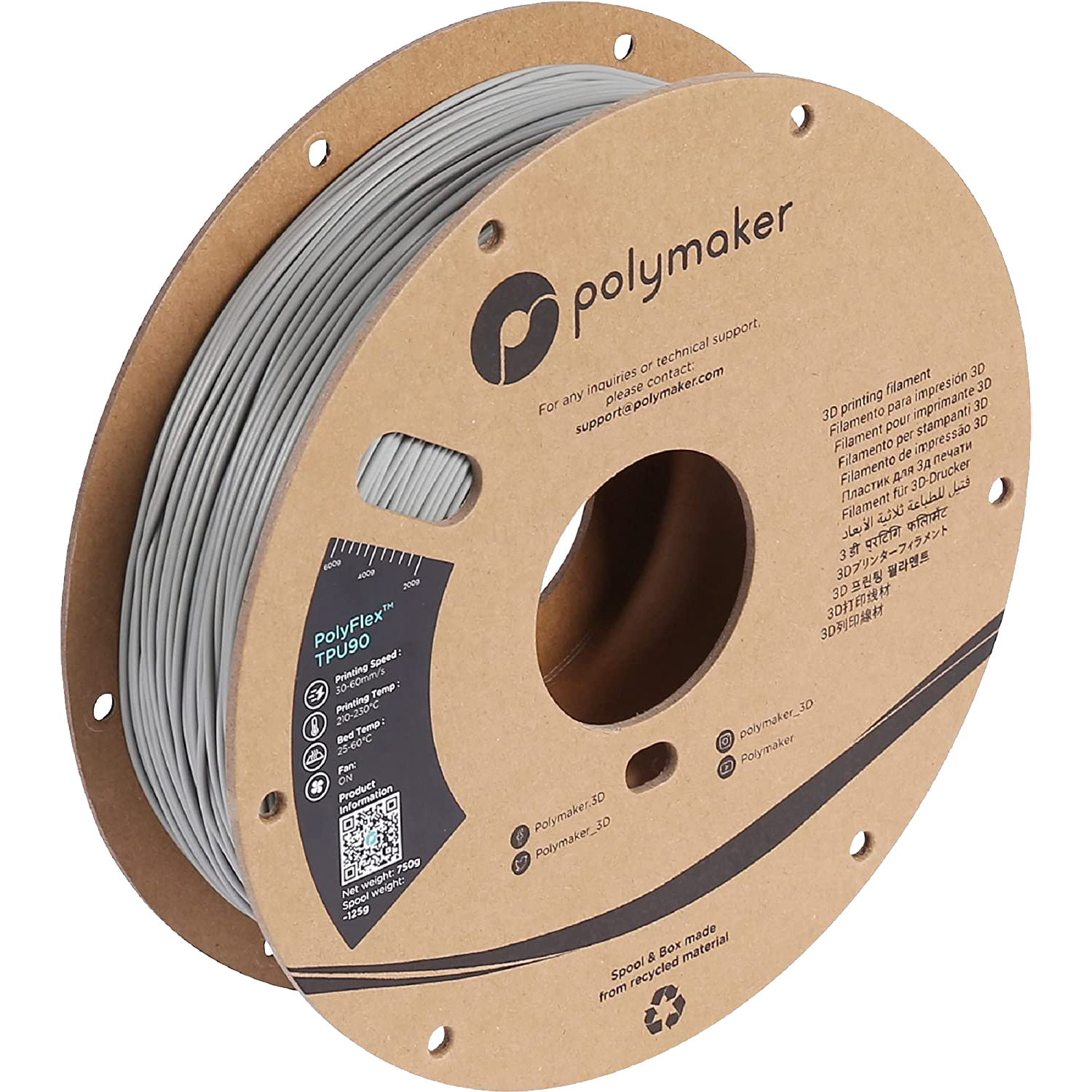 Filamento TPU90 PolyFlex color gris